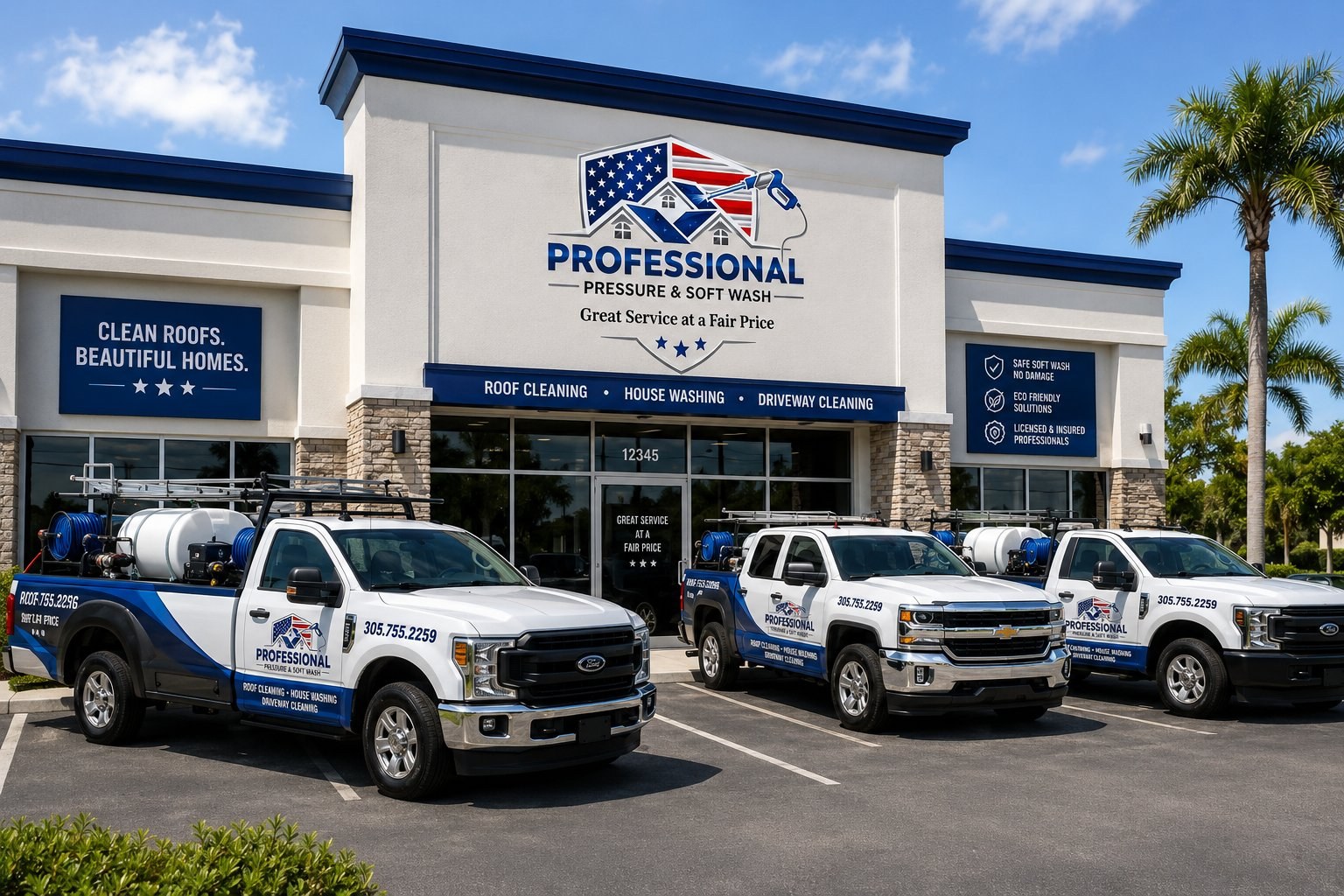 Professional Pressure & Soft Wash storefront and fleet